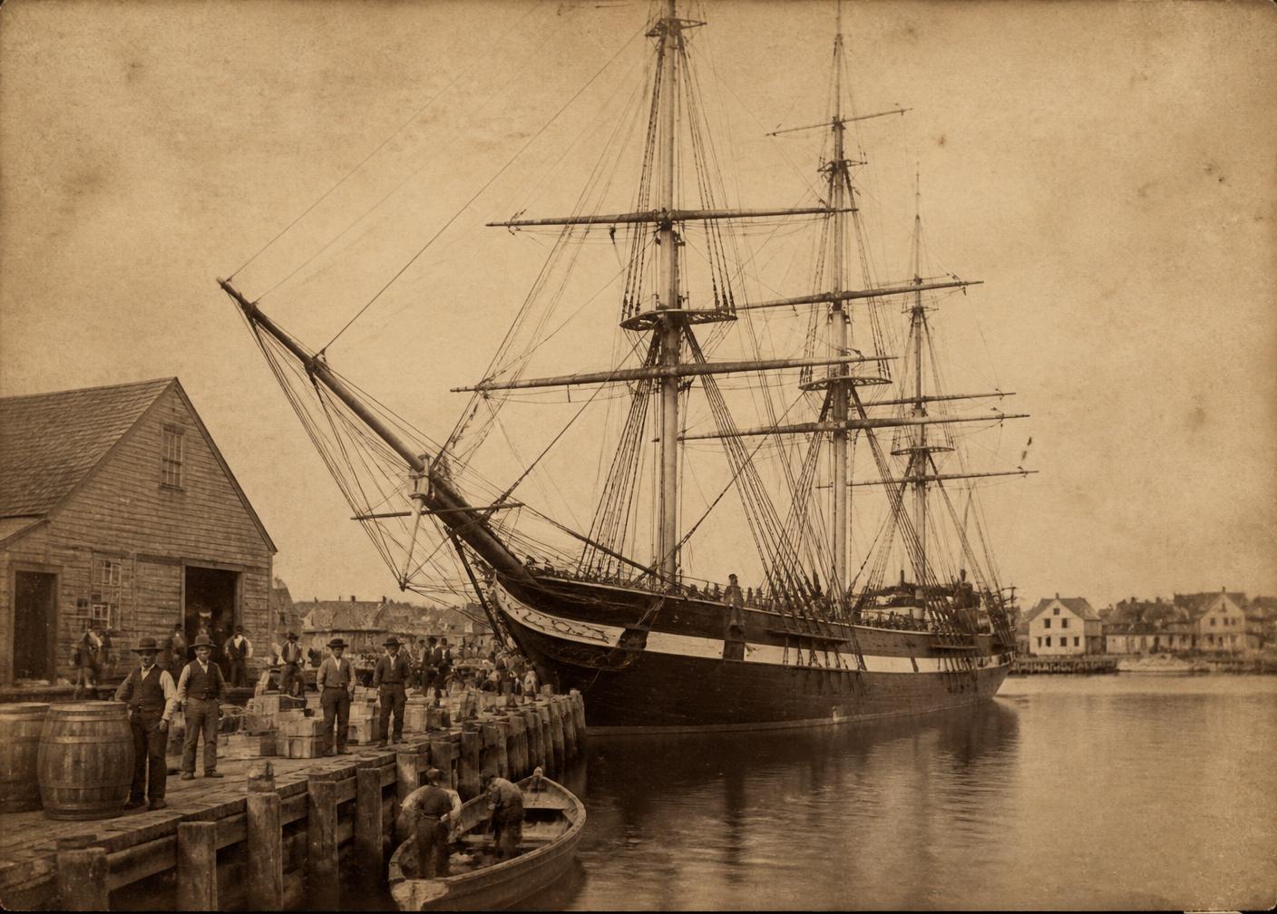 Archive photograph of the Abernathy line's early sailing fleet in harbour